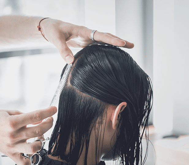 髪を切っている女性の後ろ姿の画像